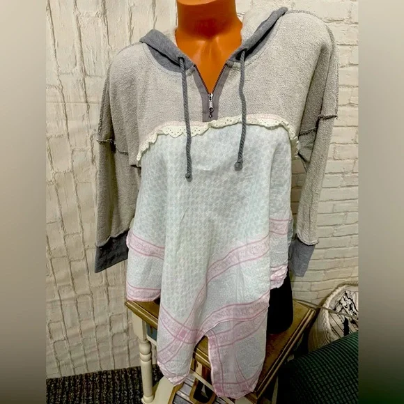 Free People VINTAGE RARE Layered Handkerchief Hoodie Boho M MFRP $148 NWT - Picture 3 of 5